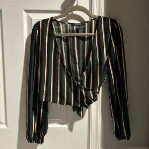 Forever 21 Striped Long Sleeve Cropped Wrap Top Blouse